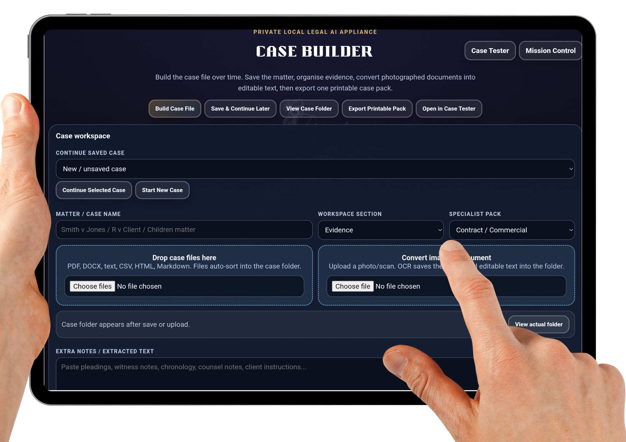 Case Builder workspace for organising legal evidence and case material